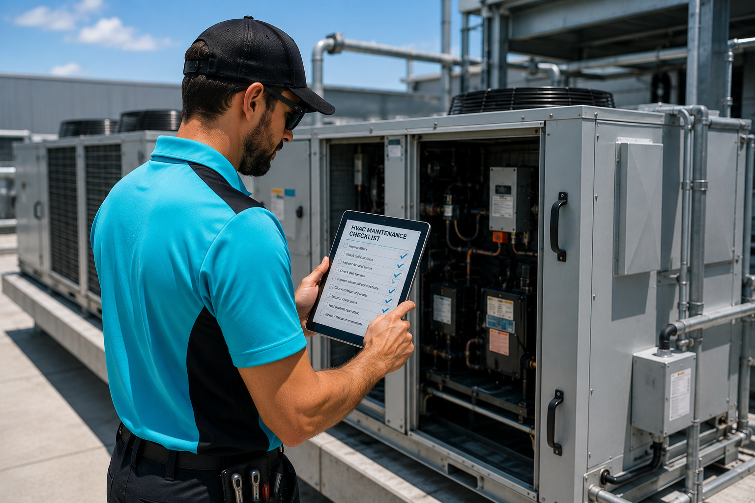 Commercial HVAC technician performing HVAC maintenance